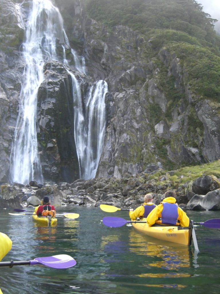 Waterfall in Milford Sound, New Zealand